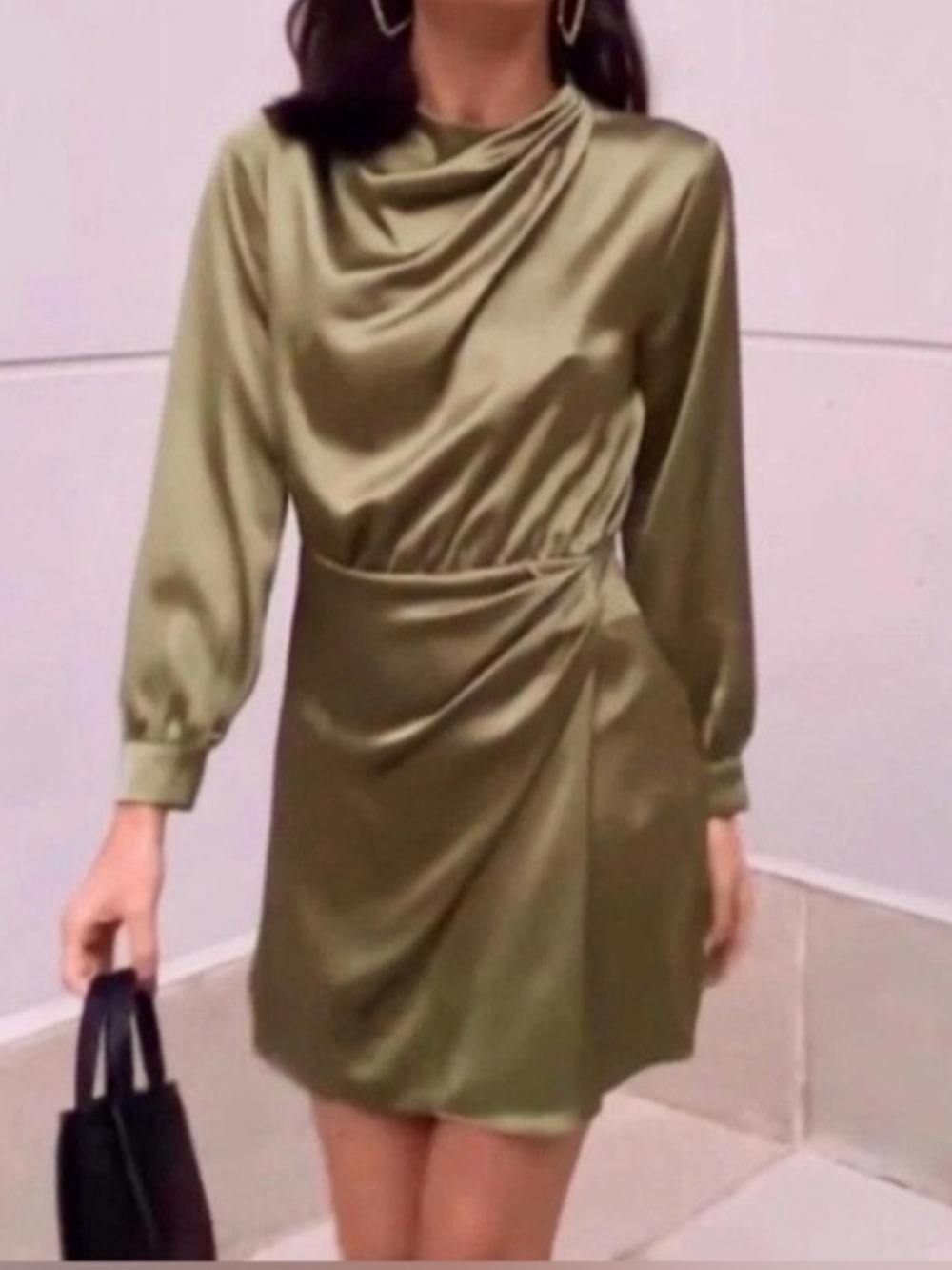Zara Olive Satin Draped Long-Sleeve Mini Dress